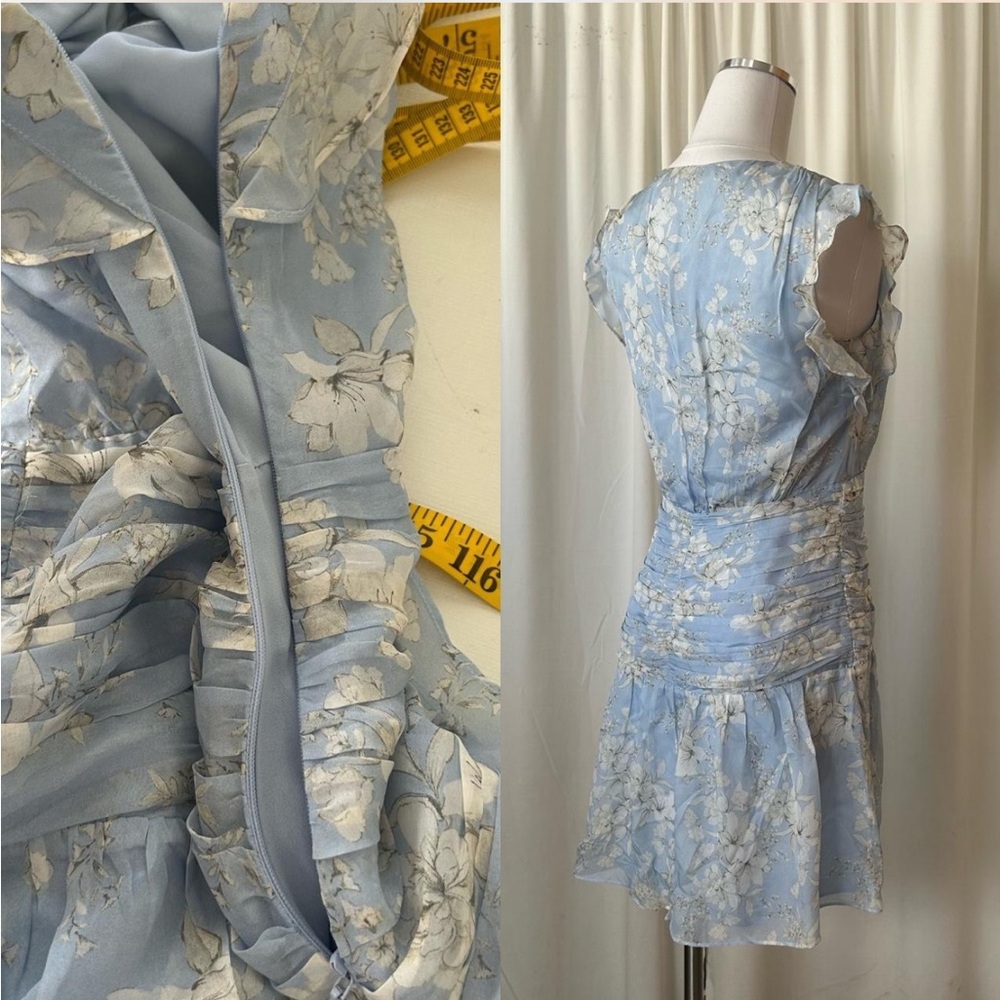 Intermix Vintage Vibe Light Blue Floral Silk Mini Dress Ruffled & Ruched - Picture 11 of 13